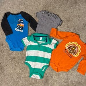 Set of 4 Size 6-9 Month Boys Shirts Onsies Turkey Thanksgiving Too!